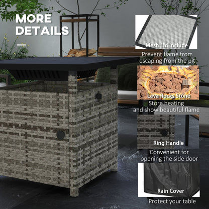 Outdoor PE Rattan Fire Pits for Garden, 50,000 BTU Propane Fire Pit Table with Glass Wind Guard, Mixed Grey
