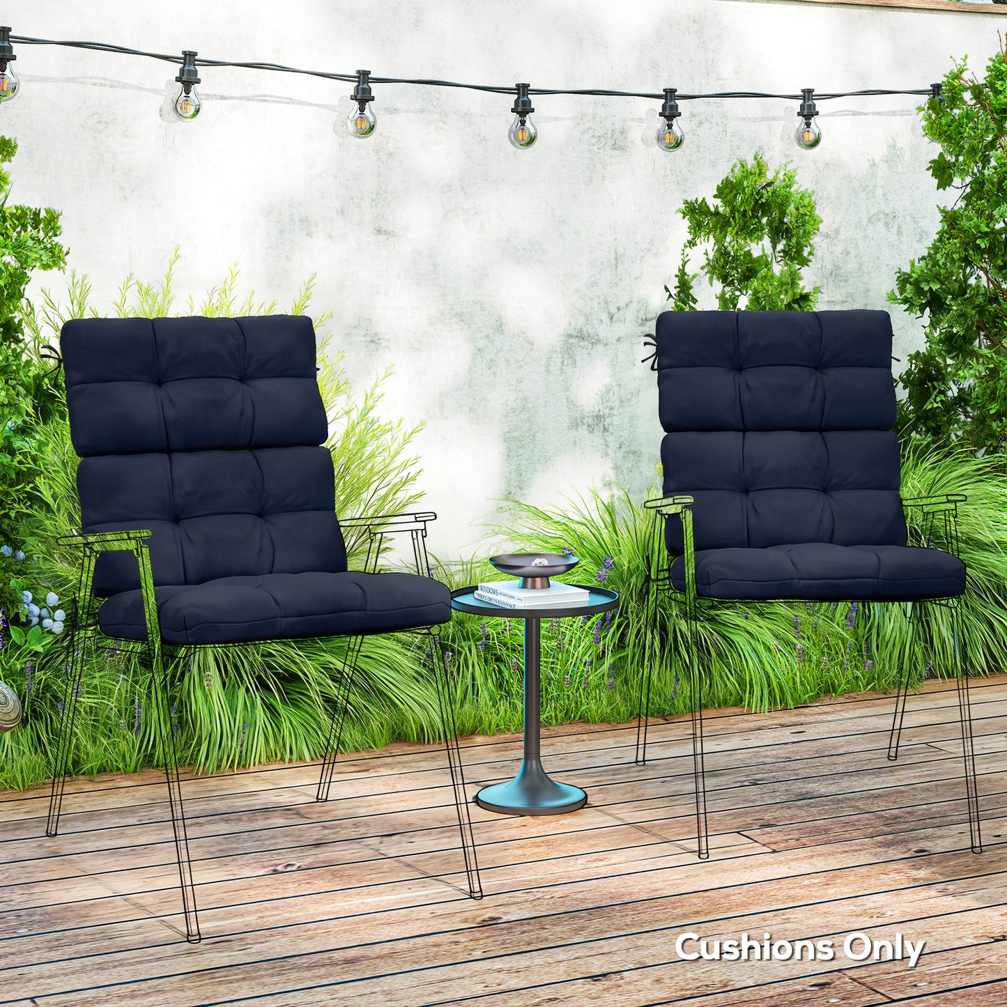 2pc Outdoor Seat Cushion with Backrest, Ties, for Garden, Dark Blue