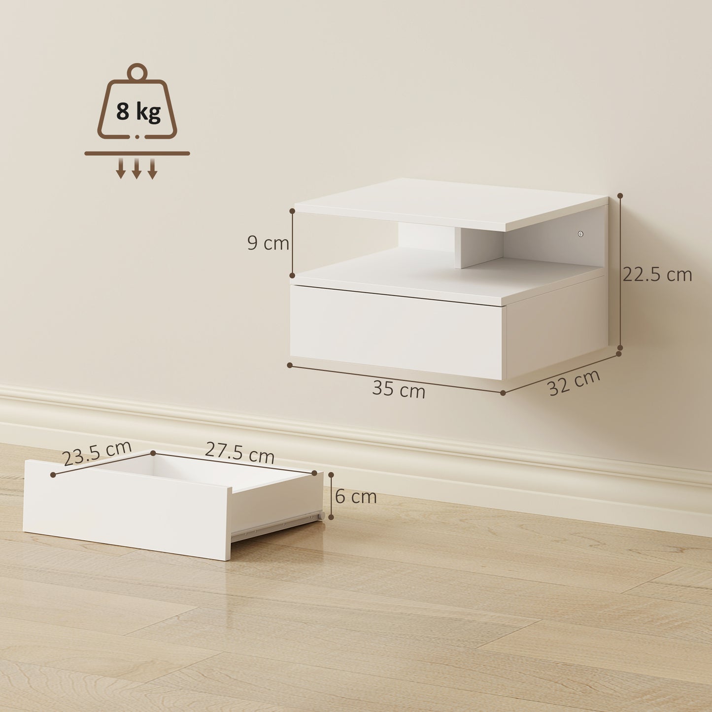 Modern Nightstand Set of 2, Wall Mounted Bedside Cabinet, White