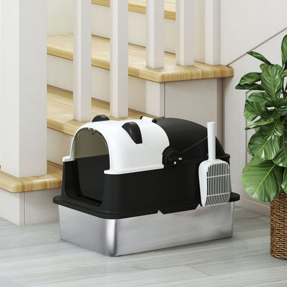 XL Stainless Steel Litter Box Tray with Lid, Panda Style