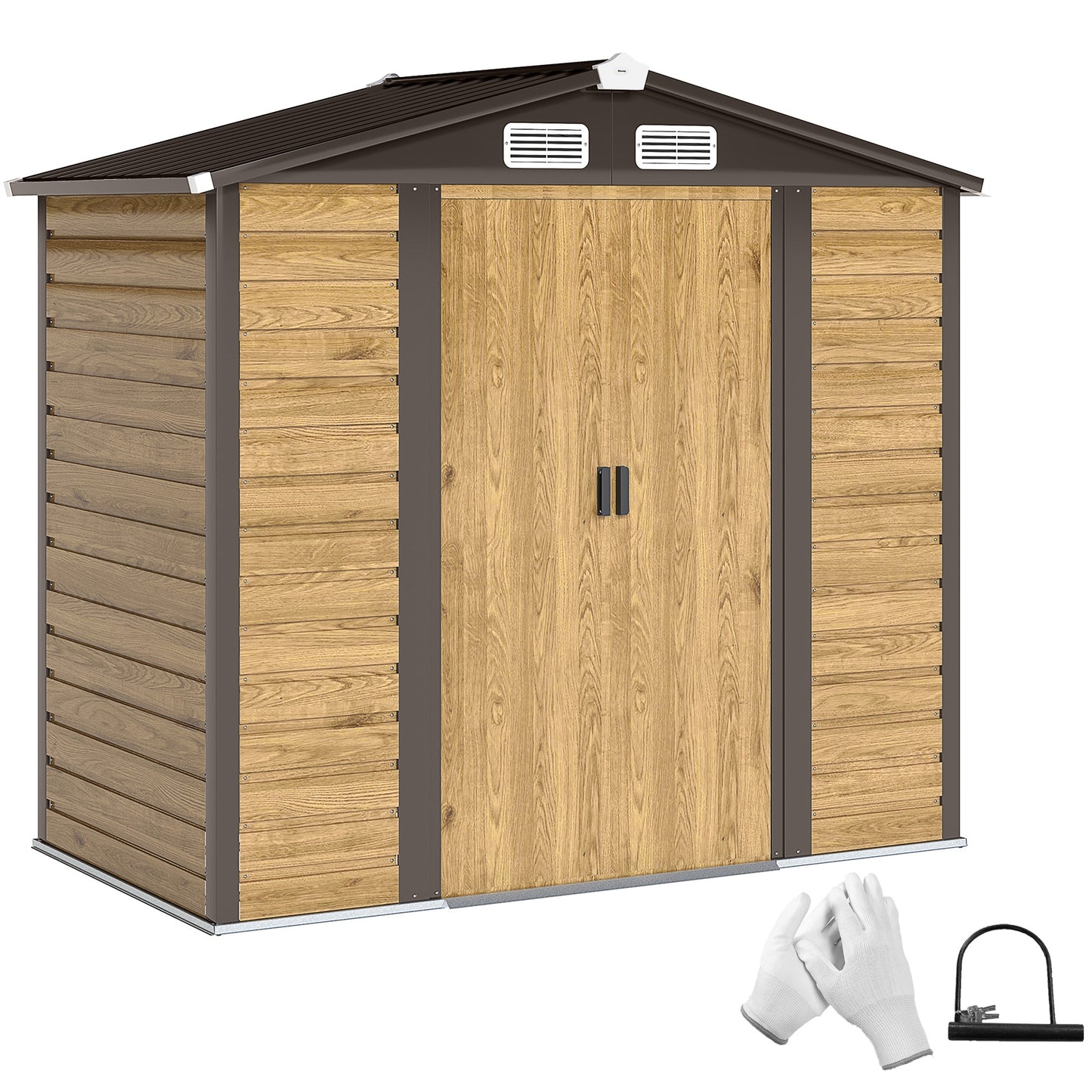 7 x 4ft Garden Shed, Easy to Assemble, Upgraded Galvanised Steel Frame with Foundation Kit, Double Doors with Lock, Outdoor Metal Shed with Vents and Gloves, Garden Storage Shed, Natural