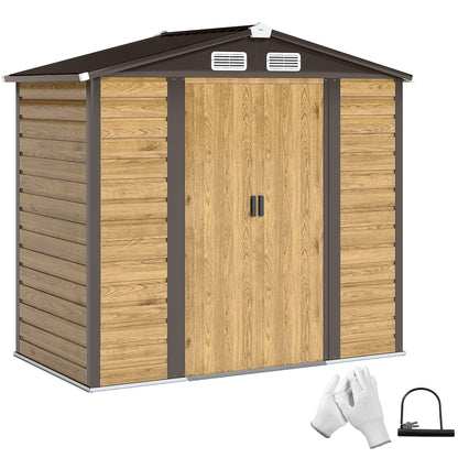 7 x 4ft Garden Shed, Easy to Assemble, Upgraded Galvanised Steel Frame with Foundation Kit, Double Doors with Lock, Outdoor Metal Shed with Vents and Gloves, Garden Storage Shed, Natural