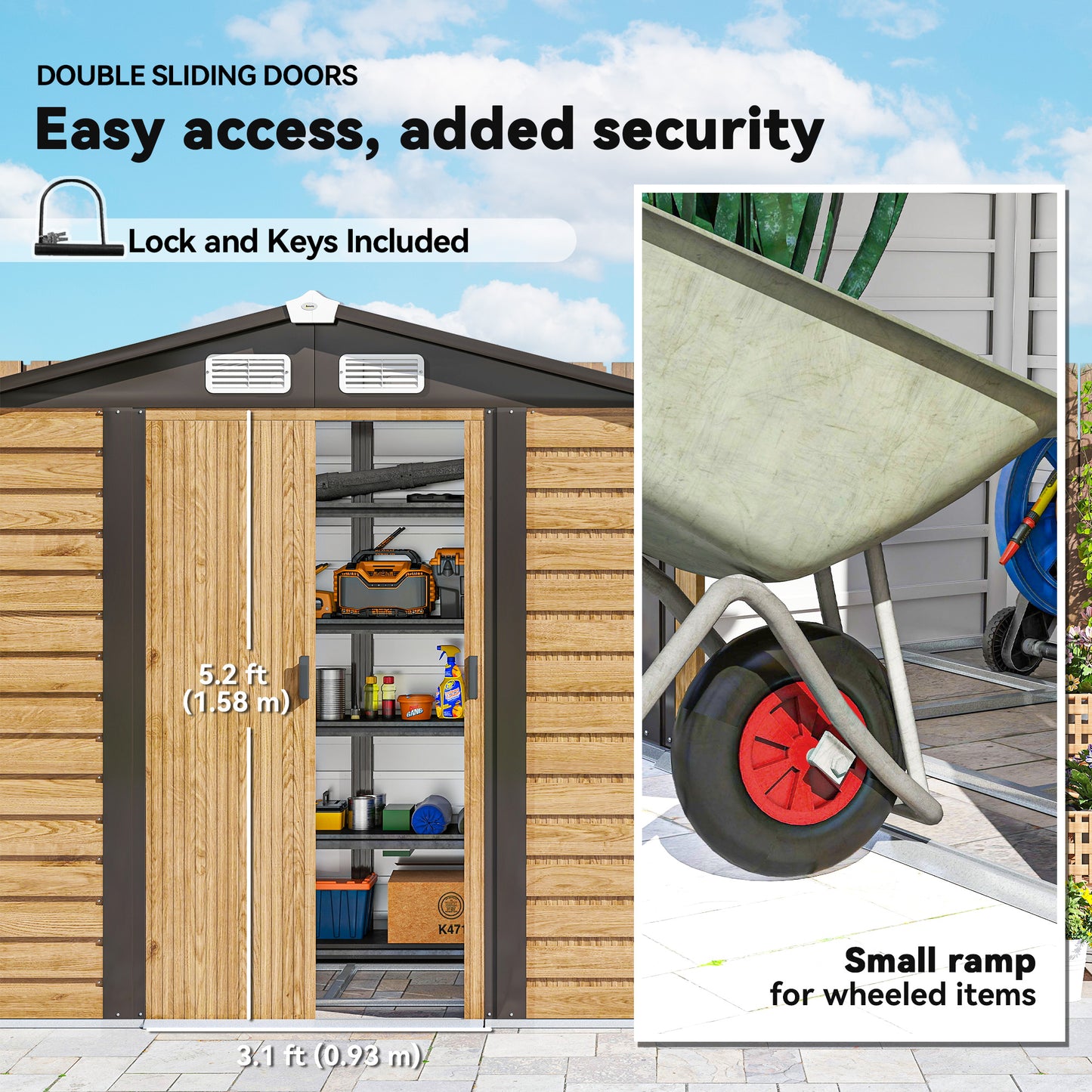 7 x 4ft Garden Shed, Easy to Assemble, Upgraded Galvanised Steel Frame with Foundation Kit, Double Doors with Lock, Outdoor Metal Shed with Vents and Gloves, Garden Storage Shed, Natural