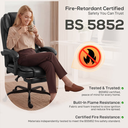 High-Back Executive Home Office Chair, PU Leather Computer Desk Chair with 360 Degree Swivel, Reclining Function, Retractable Footrest and Adjustable Height, Black
