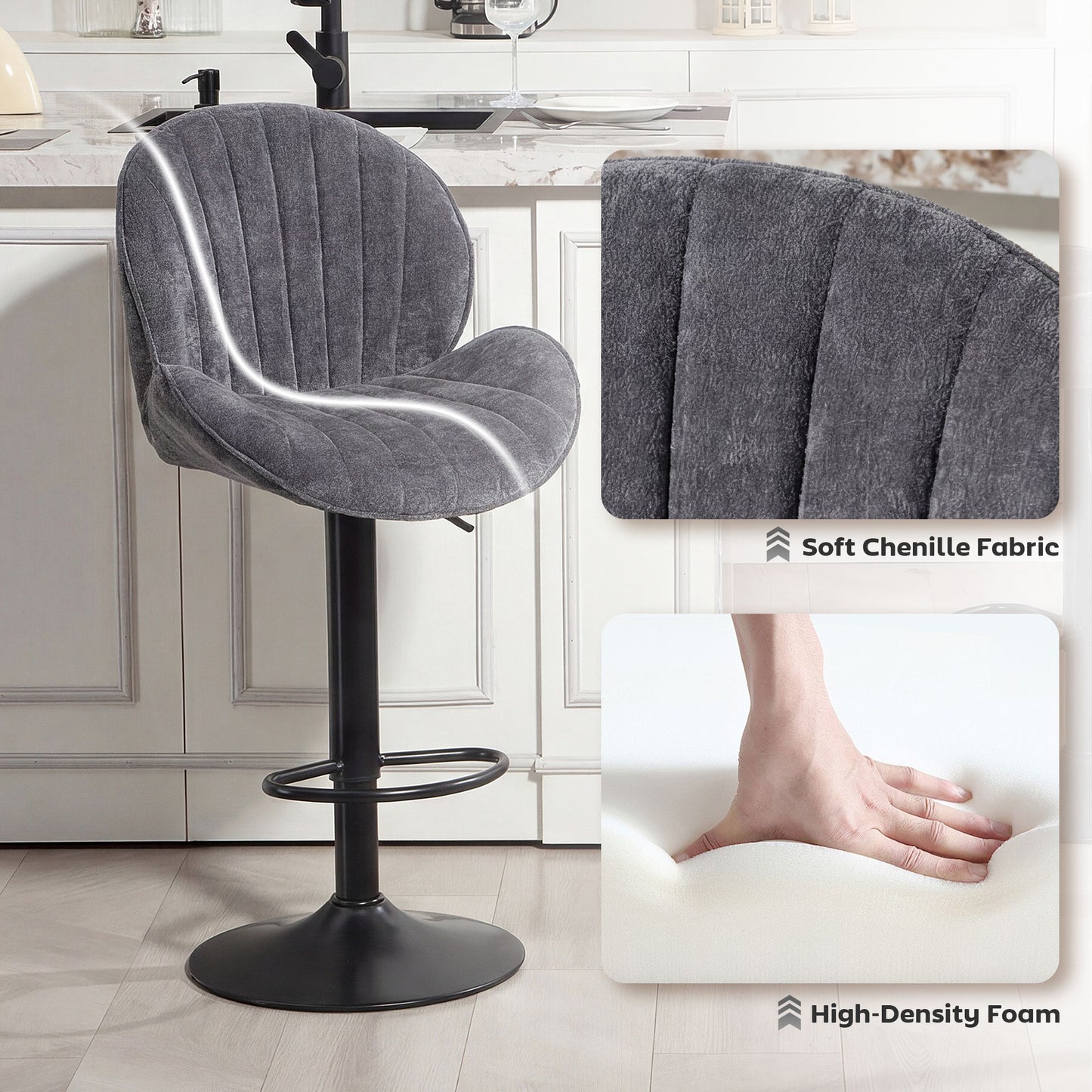 Modern Bar Stools Set of 2, Swivel Counter Height Barstools, Grey