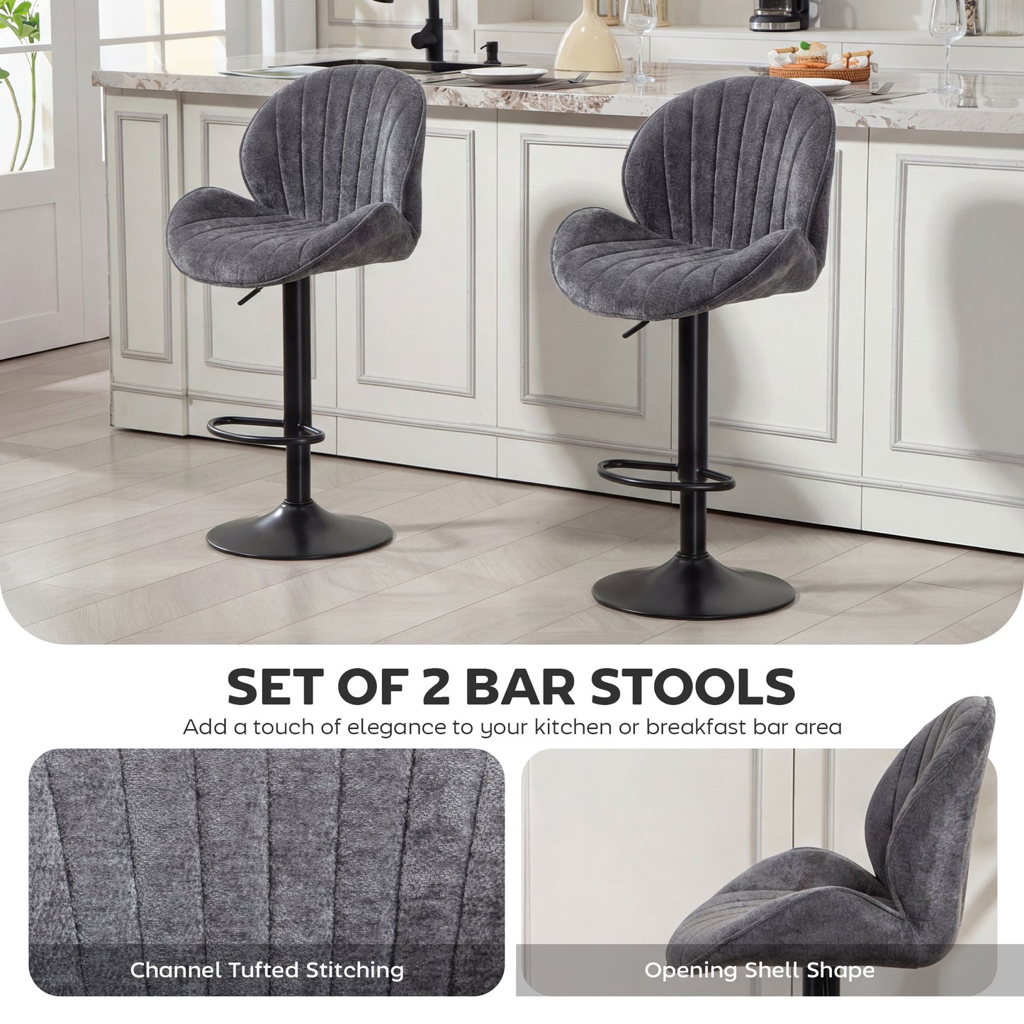 Modern Bar Stools Set of 2, Swivel Counter Height Barstools, Grey