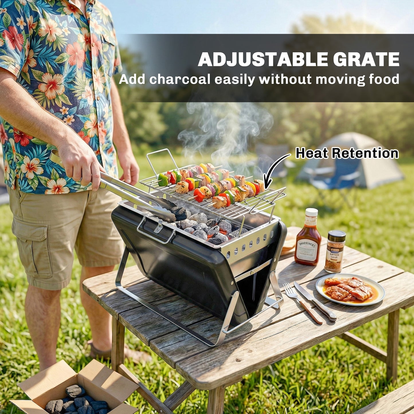 Charcoal BBQ Grill Portable with Tilting Grate Black
