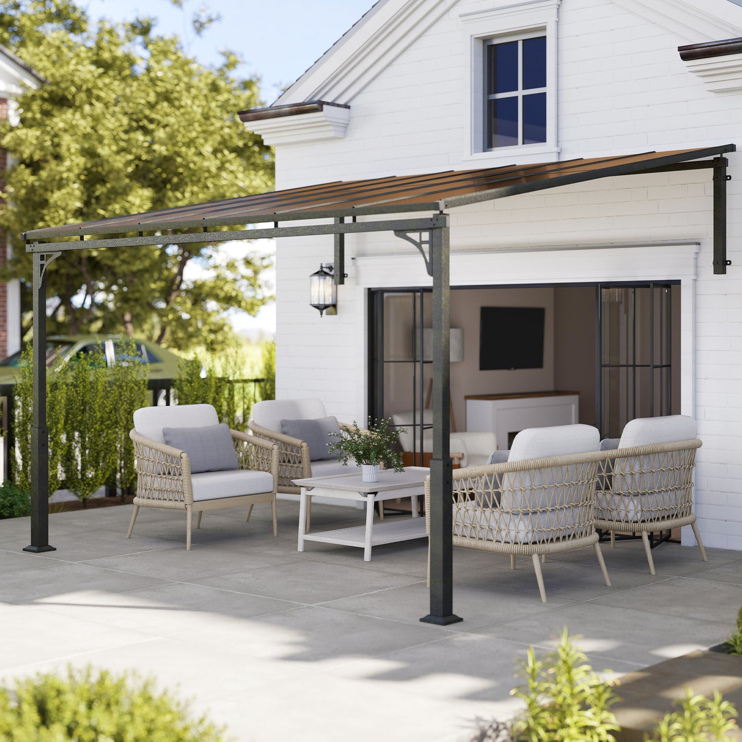 3.4 x 3 m Metal Lean-to Hardtop Gazebo, Wall-Mounted Pergola