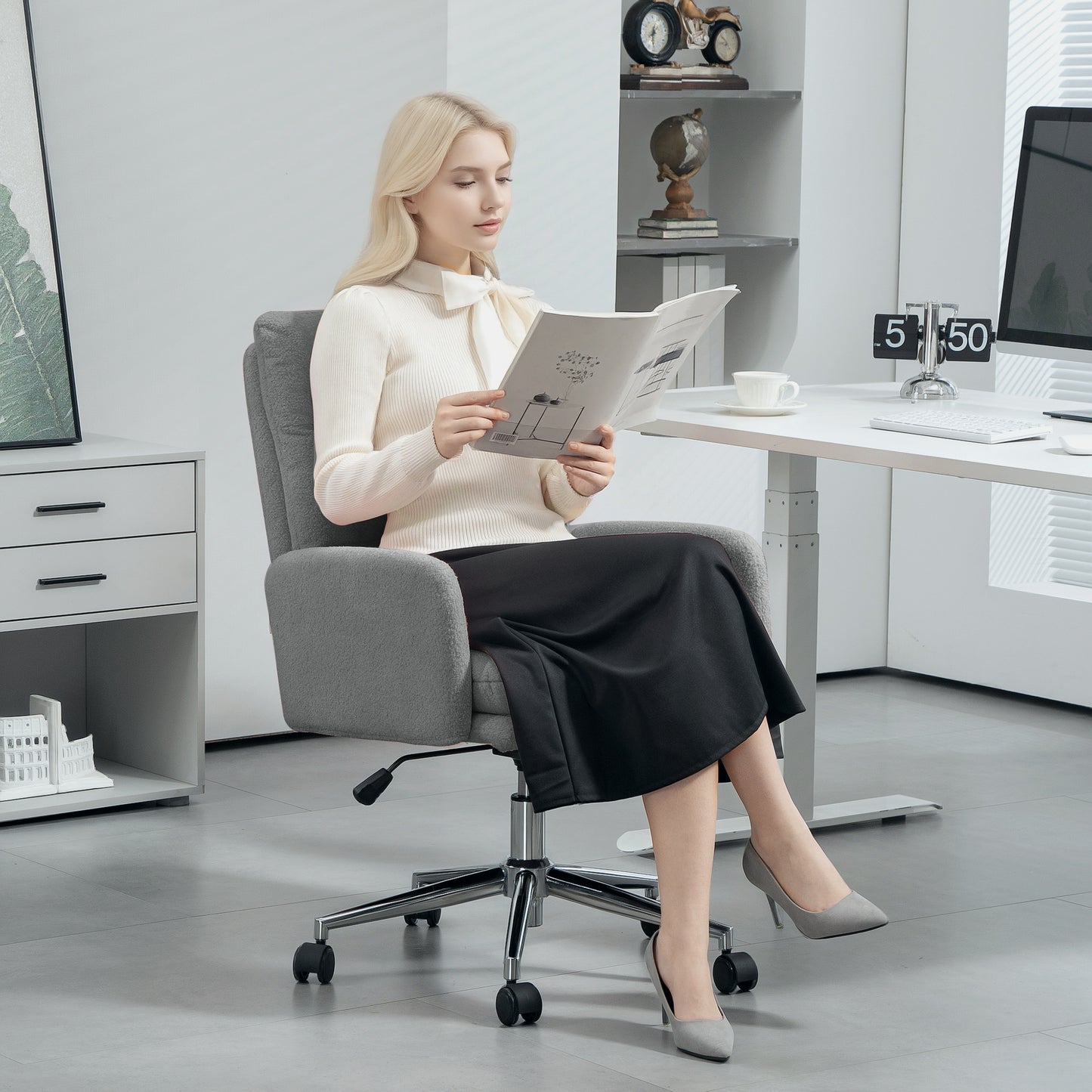 Upholstered Desk Chair with Height Adjustable, Grey