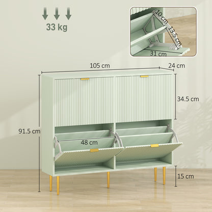 Narrow Shoe Cabinet with 4 Flip Drawers, Modern Slim Shoe Storage Cabinet with Fluted Doors and Adjustable Shelves for Hallway, Holds 10-20 Pairs, Light Green