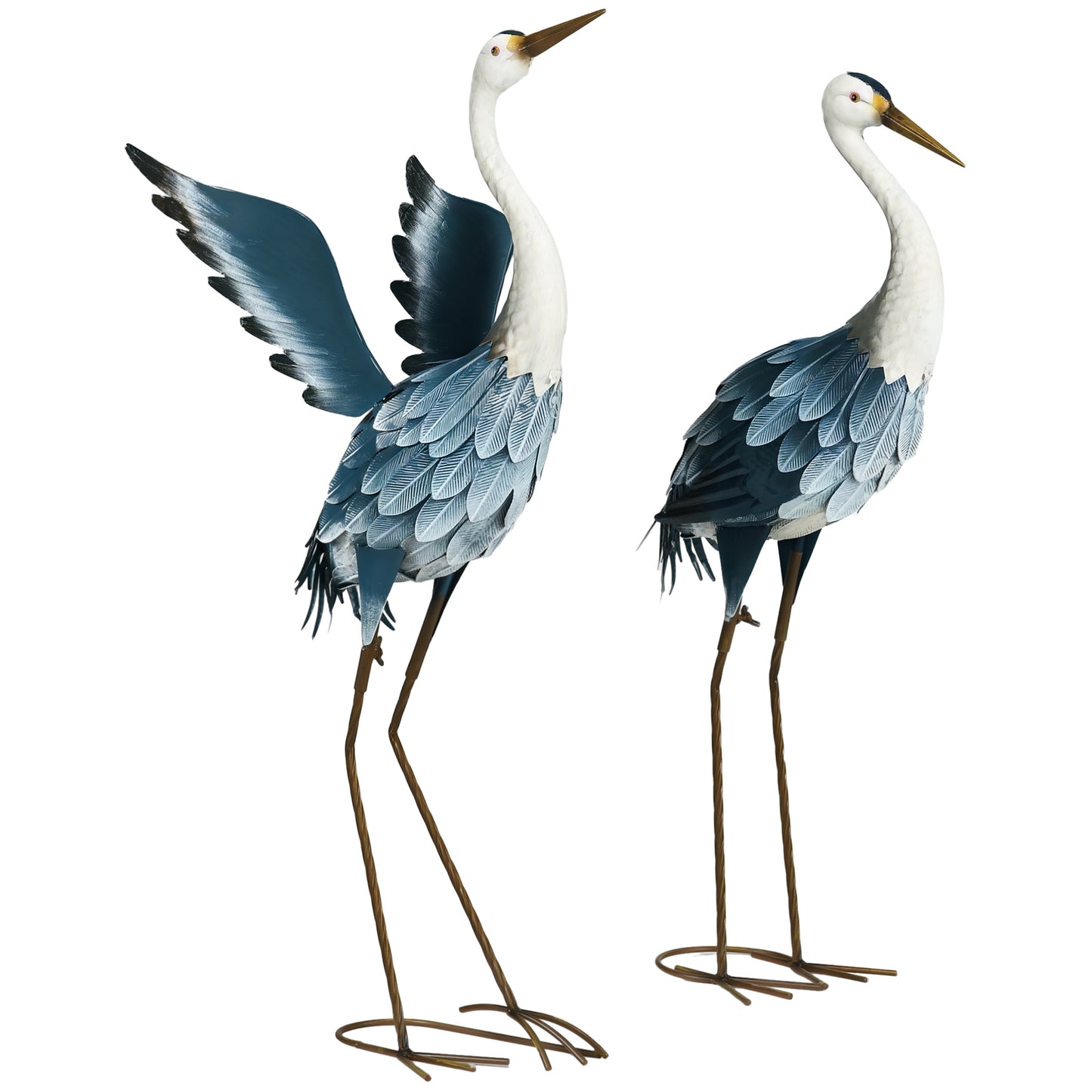 Heron Garden Statues, Metal Garden Gift with Stakes, Blue & White