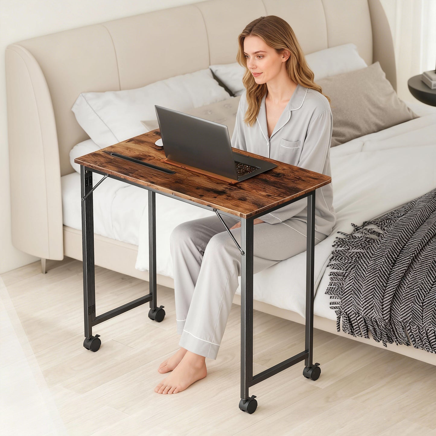Small Writing Desk with Wheels, Folding Study Table, Rustic Brown
