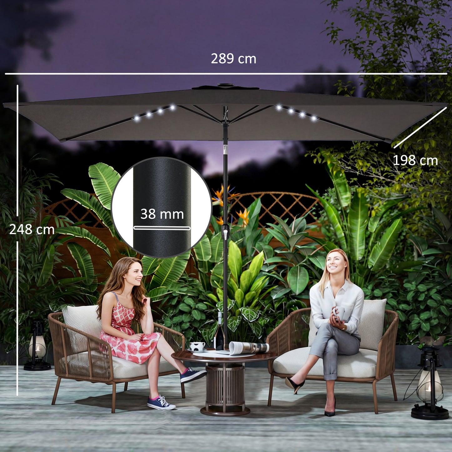 3 x 2 m Garden Parasol Umbrella with Light, Outdoor Patio Umbrella