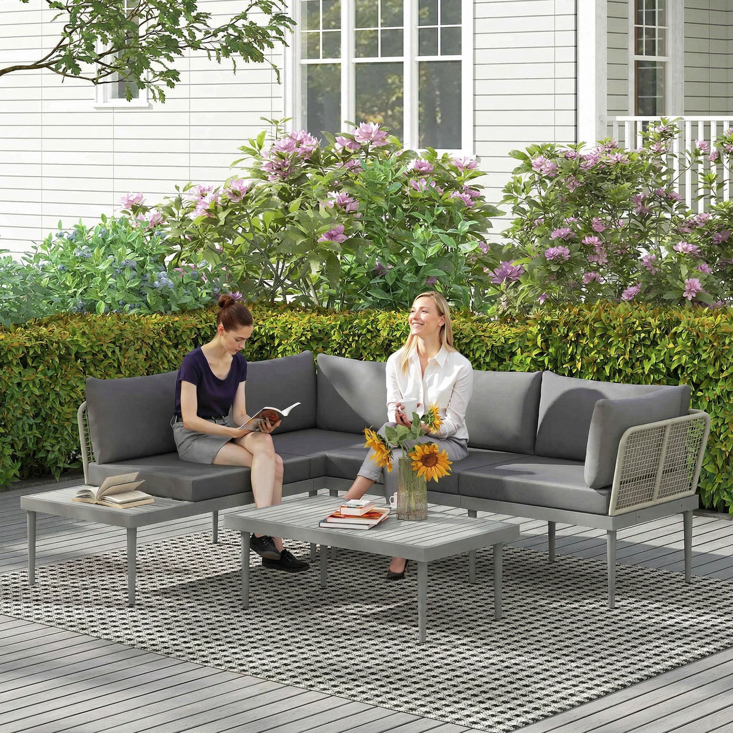 3 Piece L Shaped Rattan Garden Furniture Set, 4 Seater Wicker Outdoor Corner Sofa Set with 2 Loveseats, Wide and Deep Seating, Acacia Wood Top Coffee Table and Thick Cushions, Grey