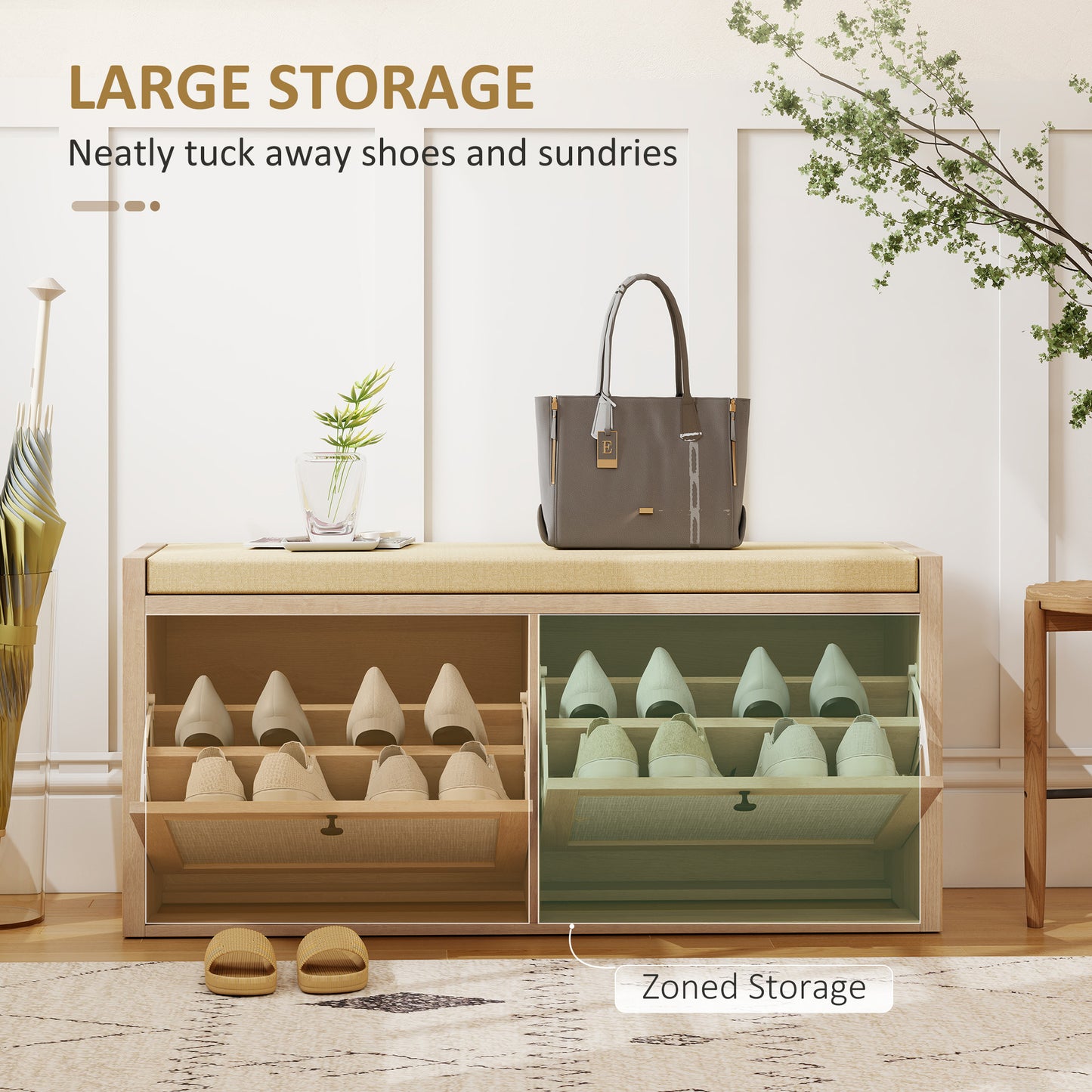 Shoe Bench with 2 Rattan Doors, Shoe Storage Bench with Padded Cushion Seat for Hallway, Living Room, Bedroom, Oak Wood Effect