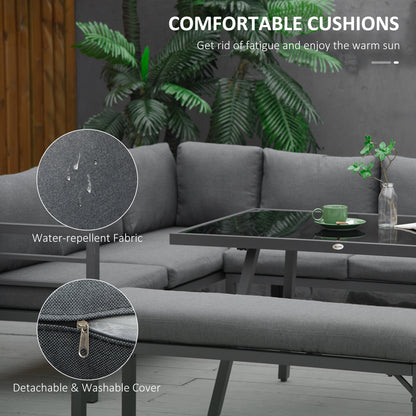 L-shaped Garden Furniture Set 8-Seater Aluminium Outdoor Dining Set Conversation Sofa Set w/ Bench, Dining Table & Cushions,¬†Grey