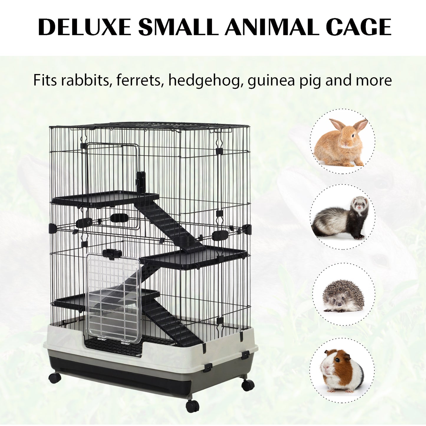 4-Level Small Animal Cage, Indoor Bunny House, for Ferrets, Chinchillas w/ Wheels, Slide-Out Tray, Black, 81 x 52.5 x 114 cm