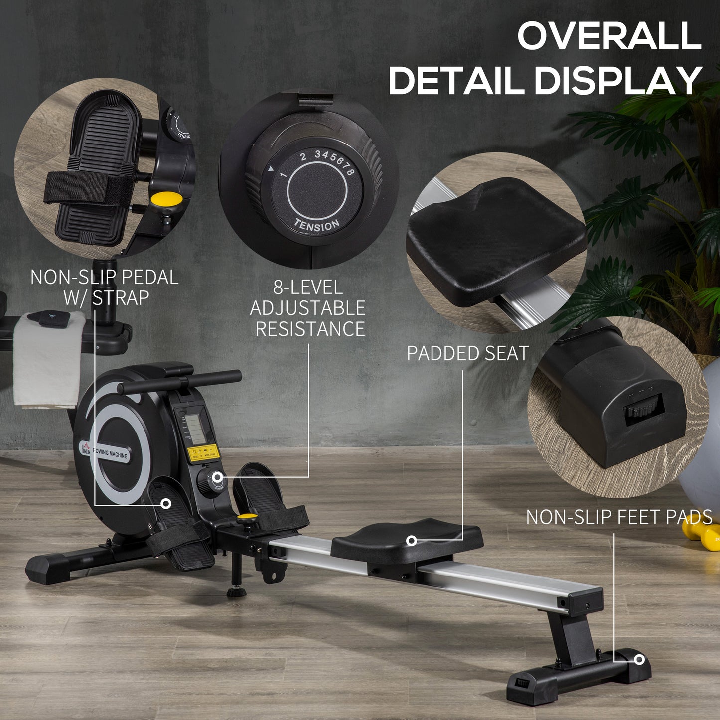Indoor Body Health & Fitness Adjustable Magnetic Rowing Machine Rower with LCD Digital Monitor & Wheels for Home Gym