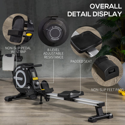 Indoor Body Health & Fitness Adjustable Magnetic Rowing Machine Rower with LCD Digital Monitor & Wheels for Home Gym