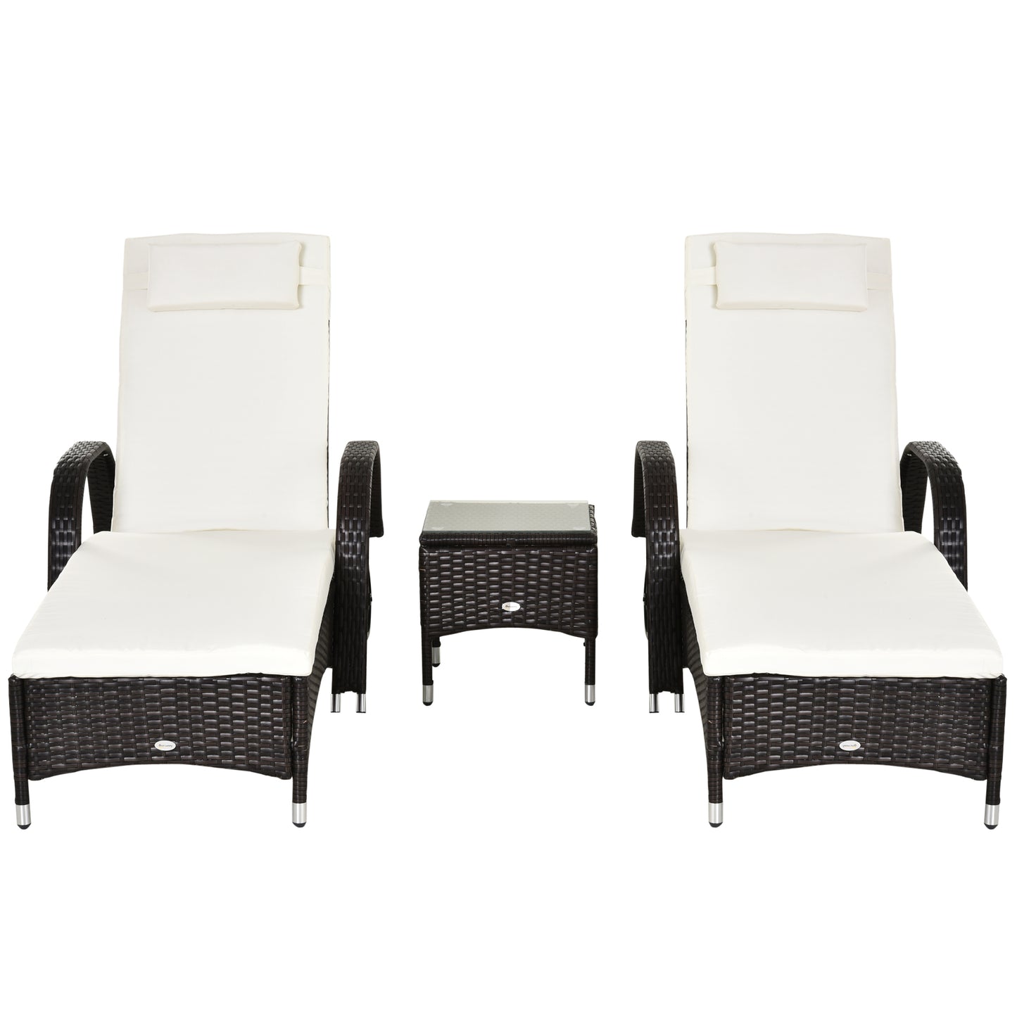 3 Pieces Patio Lounge Chair Set, Garden Wicker Wheeling Lounger Outdoor Daybed, PE Rattan Lounge Chairs w/Cushions & Side Coffee Table Brown