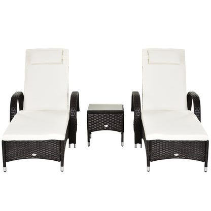 3 Pieces Patio Lounge Chair Set, Garden Wicker Wheeling Lounger Outdoor Daybed, PE Rattan Lounge Chairs w/Cushions & Side Coffee Table Brown