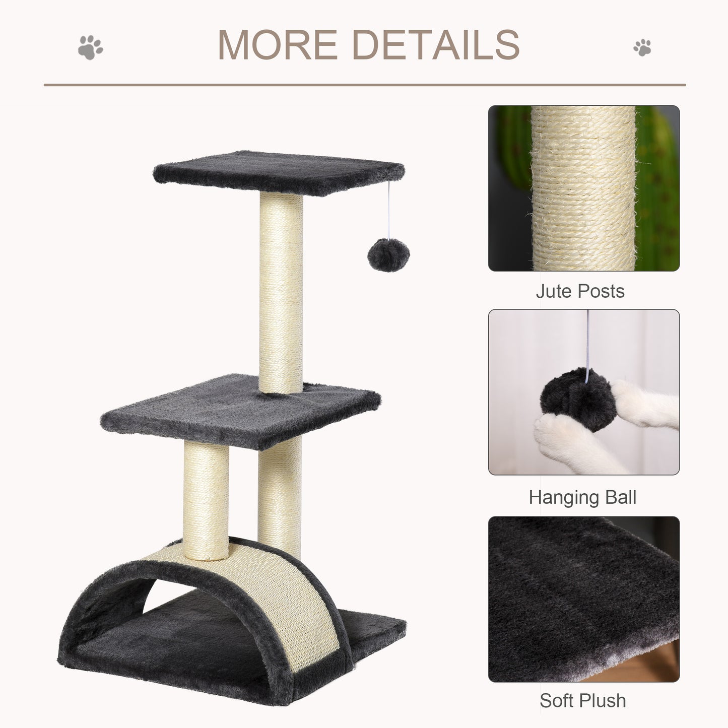 Cat tree Tower 72cm Climbing Activity Centre Kitten with Sisal Scratching Post Pad Arc Perch Hanging Ball Toy Grey