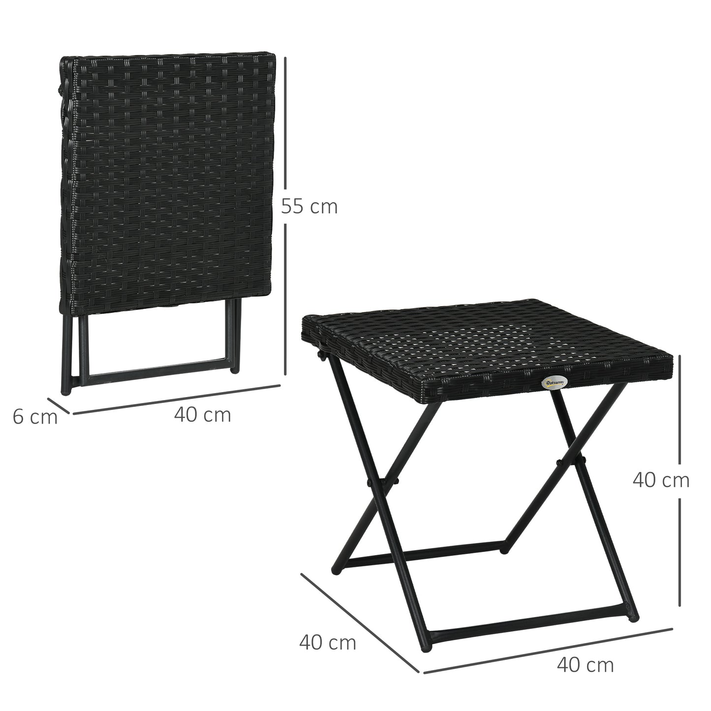 Outsunny Garden Small Folding Square Rattan Coffee Table Bistro Balcony Outdoor Wicker Weave Side Table 40H x 40L x 40Wcm Black