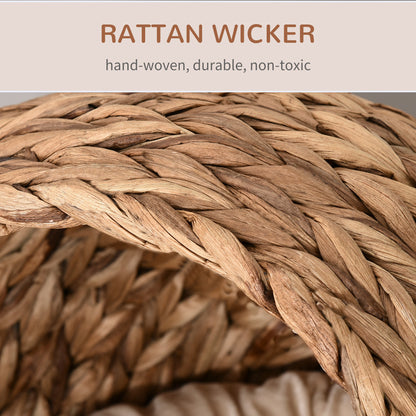 Wicker Cat House, Raised Cat Bed with Cylindrical Base, Soft Washable Cushion, Woven Water Hyacinth Cat Basket for Indoor and Outdoor, 50 x 42 x 60 cm - Brown