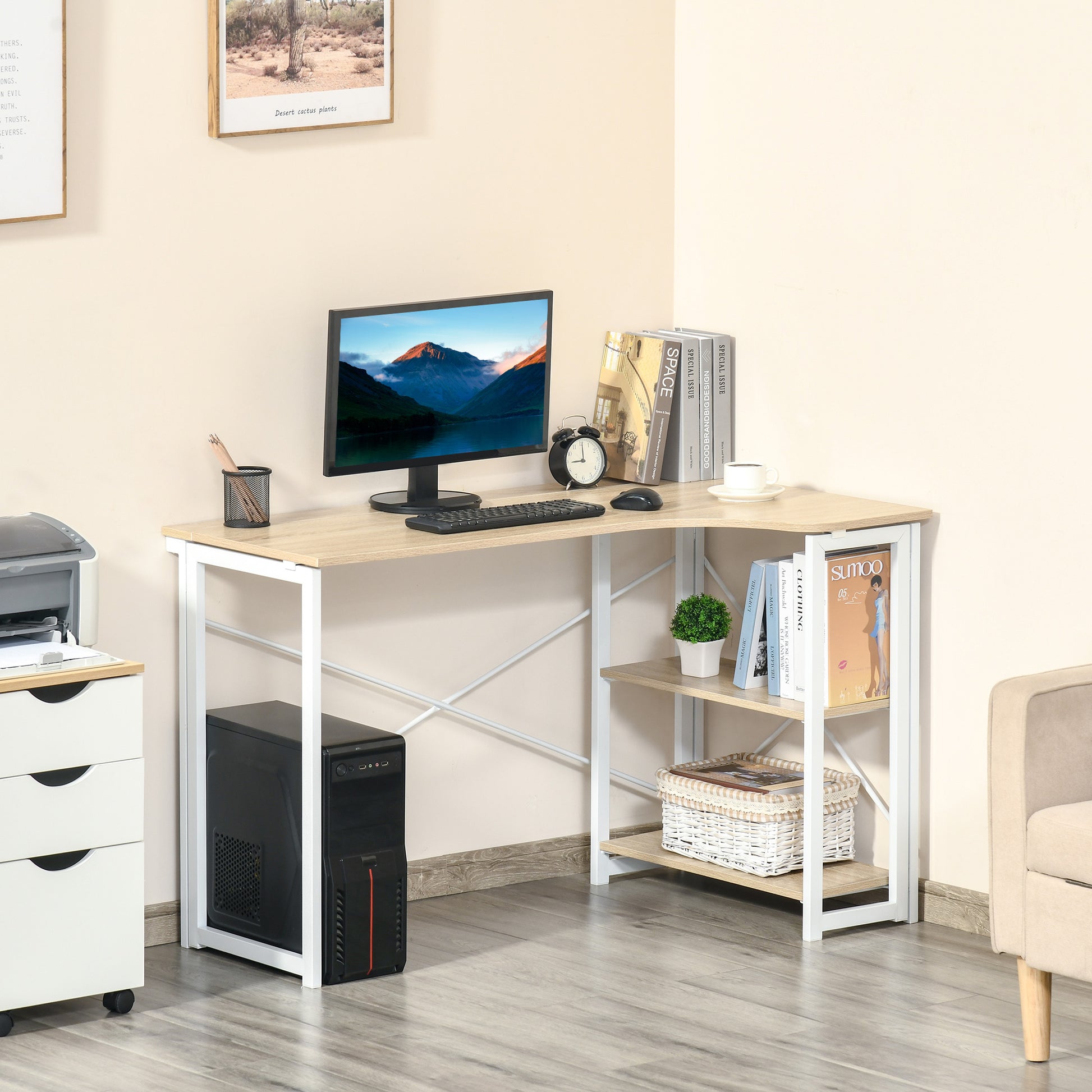 HOMCOM L-shaped Desk, Corner Computer Desk, Folding Home Office Desk Study Table with 2 Shelves, Oak Tone