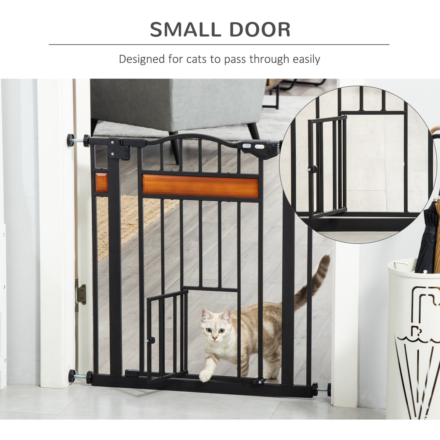 Dog Gate with Cat Flap Pet Safety Gate, Auto Close Double Locking Pine Wood Decoration, for Doorways Stairs Indoor, 74-80 cm Wide, Black