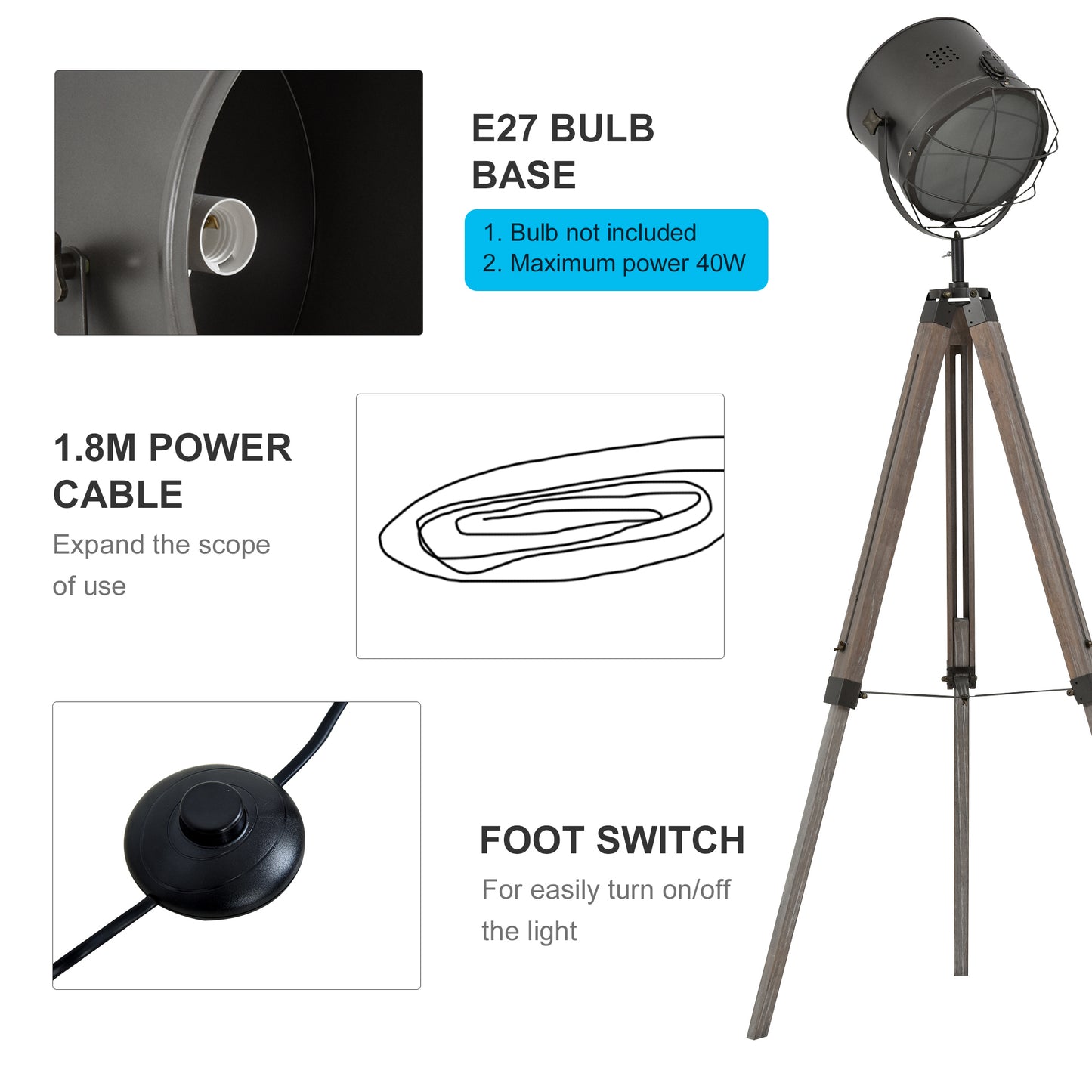 Industrial Style Tripod Floor Lamp for Living Room Bedroom, Vintage Spotlight Reading Lamp with Wooden Legs E27 Base