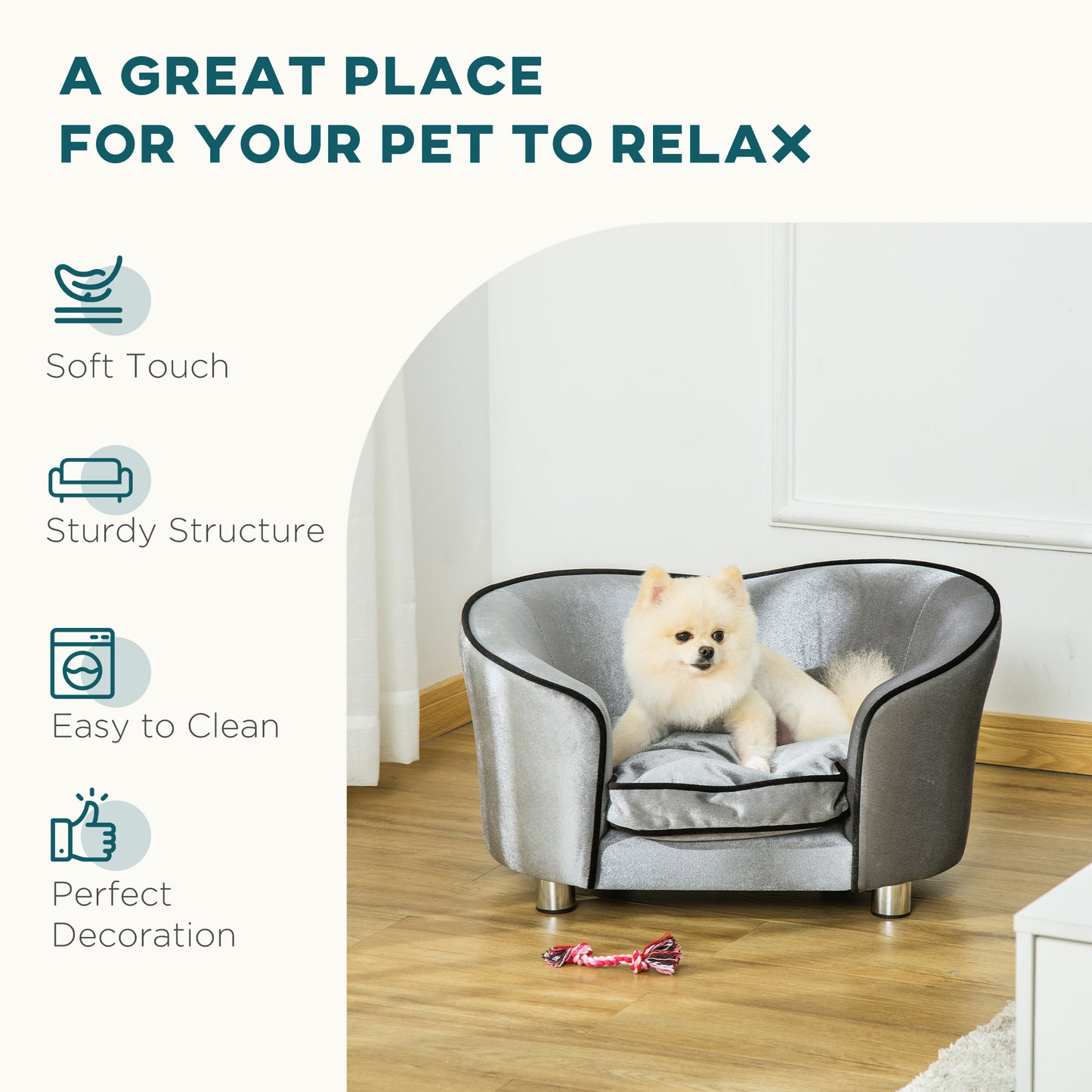 Dog Sofa Bed for Miniature Dogs, Pet Chair Couch Kitten Lounge with Soft Washable Cushion, Thick Sponge, Wooden Frame, Storage Pocket