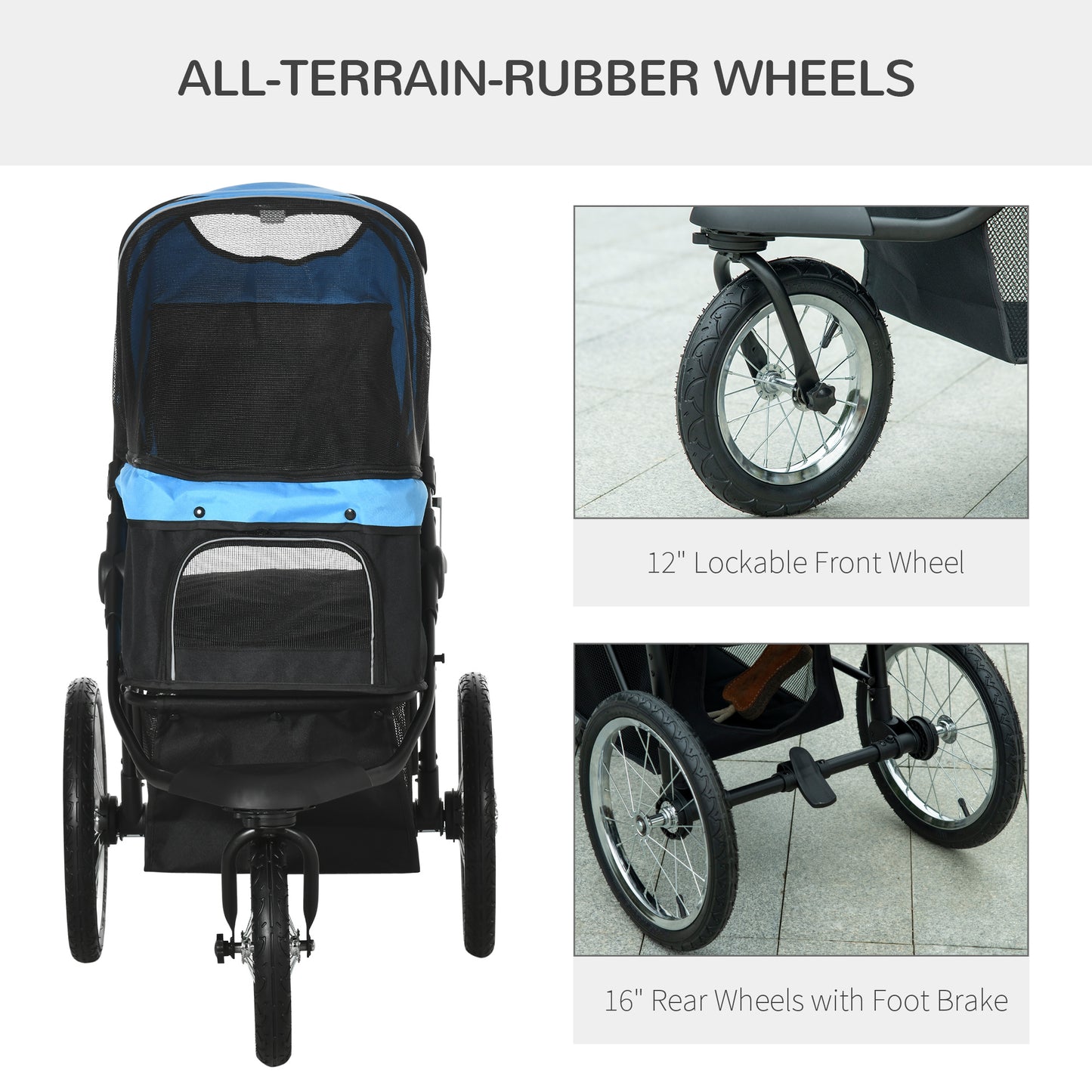 Pet Stroller Jogger for Medium, Small Dogs, Foldable Cat Pram Dog Pushchair w/ Adjustable Canopy, 3 Big Wheels - Blue