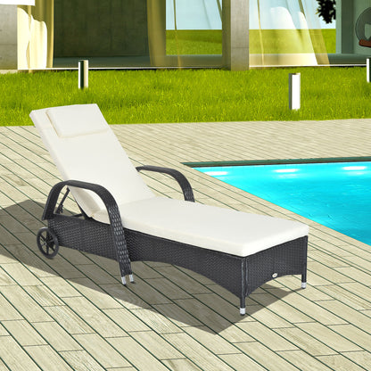 Garden Rattan Furniture Single Sun Lounger Recliner Bed Reclining Chair Patio Outdoor Wicker Weave Adjustable Headrest - Black