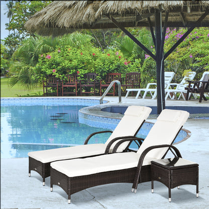 3 Pieces Patio Lounge Chair Set, Garden Wicker Wheeling Lounger Outdoor Daybed, PE Rattan Lounge Chairs w/Cushions & Side Coffee Table Brown
