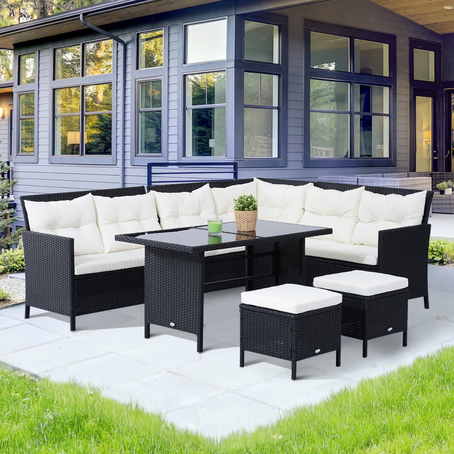 8-Seater Garden Rattan Furniture Rattan Corner Dining Set Outdoor Wicker Conservatory Furniture Lawn Patio Coffee Table Foot Stool, Black