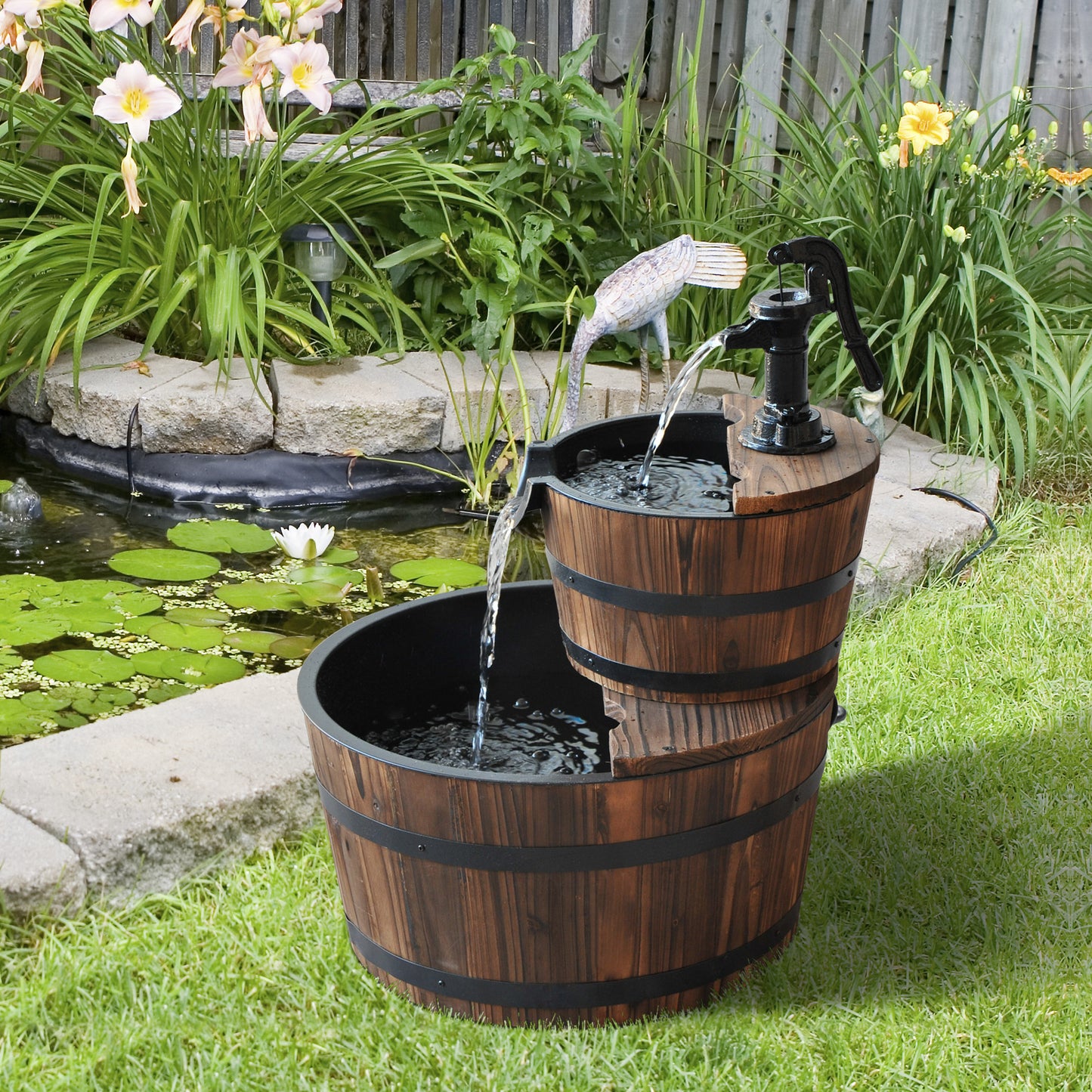 Wooden Water Pump Fountain Cascading Feature Barrel Garden Deck (2 Tier)