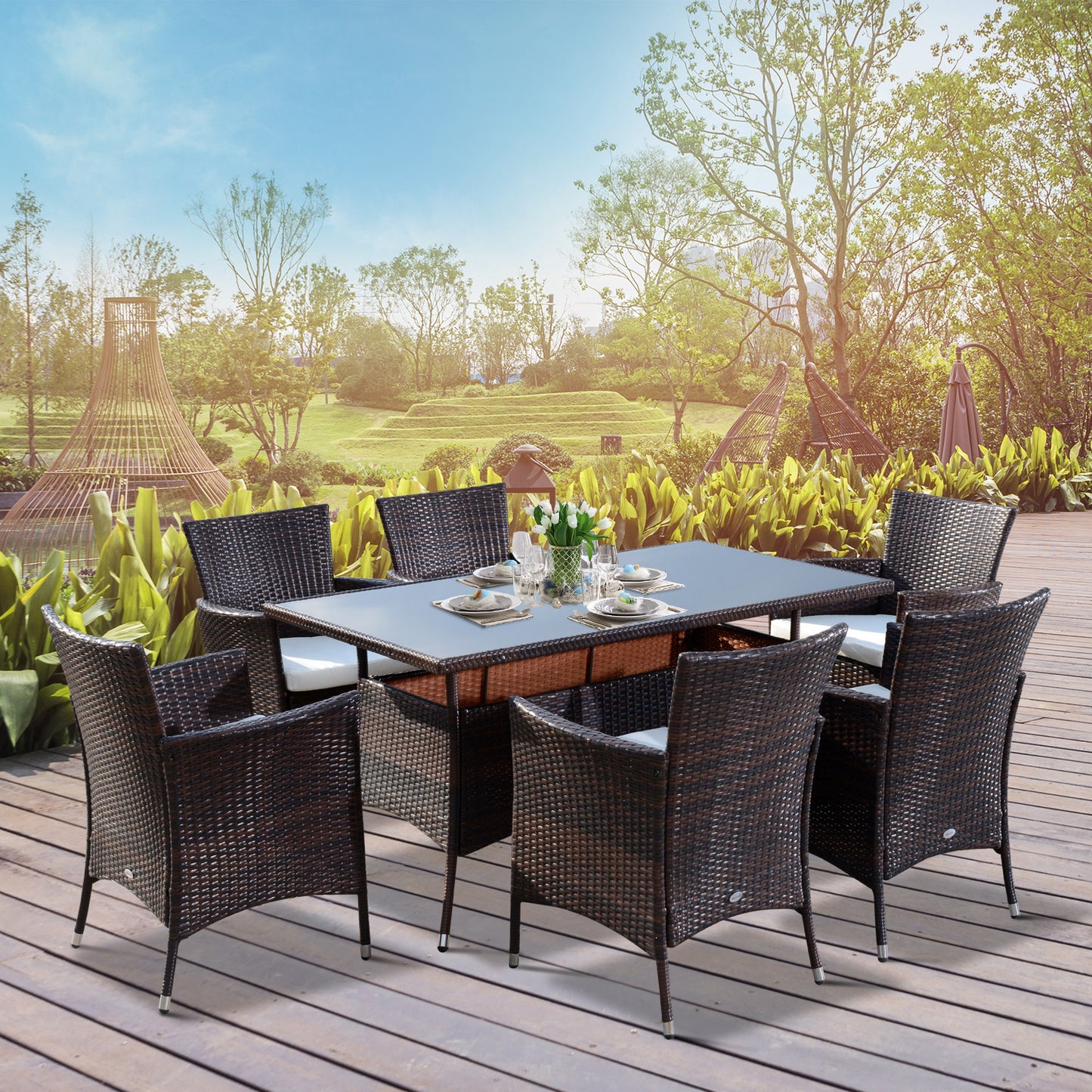 6-Seater Rattan Garden Furniture Dining Set 6-seater Patio Rectangular Table Cube Chairs Outdoor Fire Retardant Sponge Brown