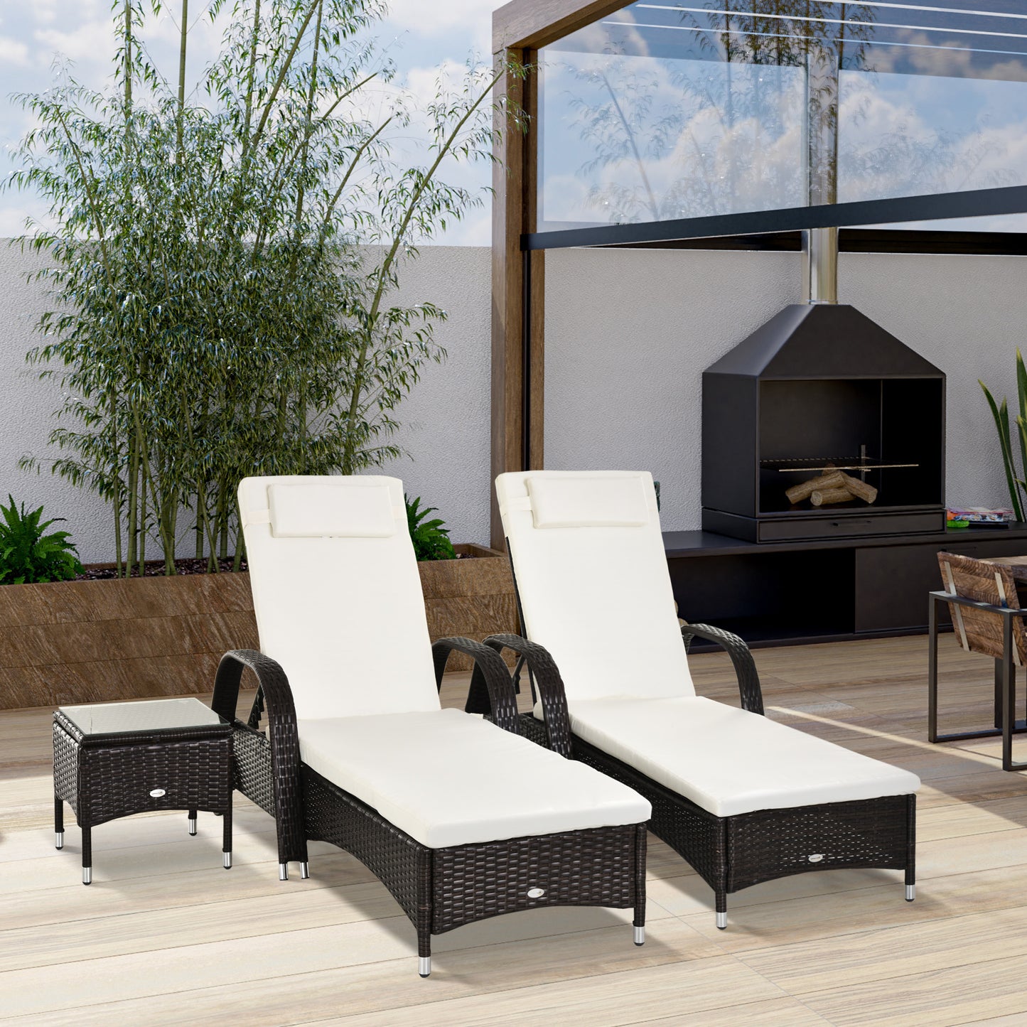 3 Pieces Patio Lounge Chair Set, Garden Wicker Wheeling Lounger Outdoor Daybed, PE Rattan Lounge Chairs w/Cushions & Side Coffee Table Brown