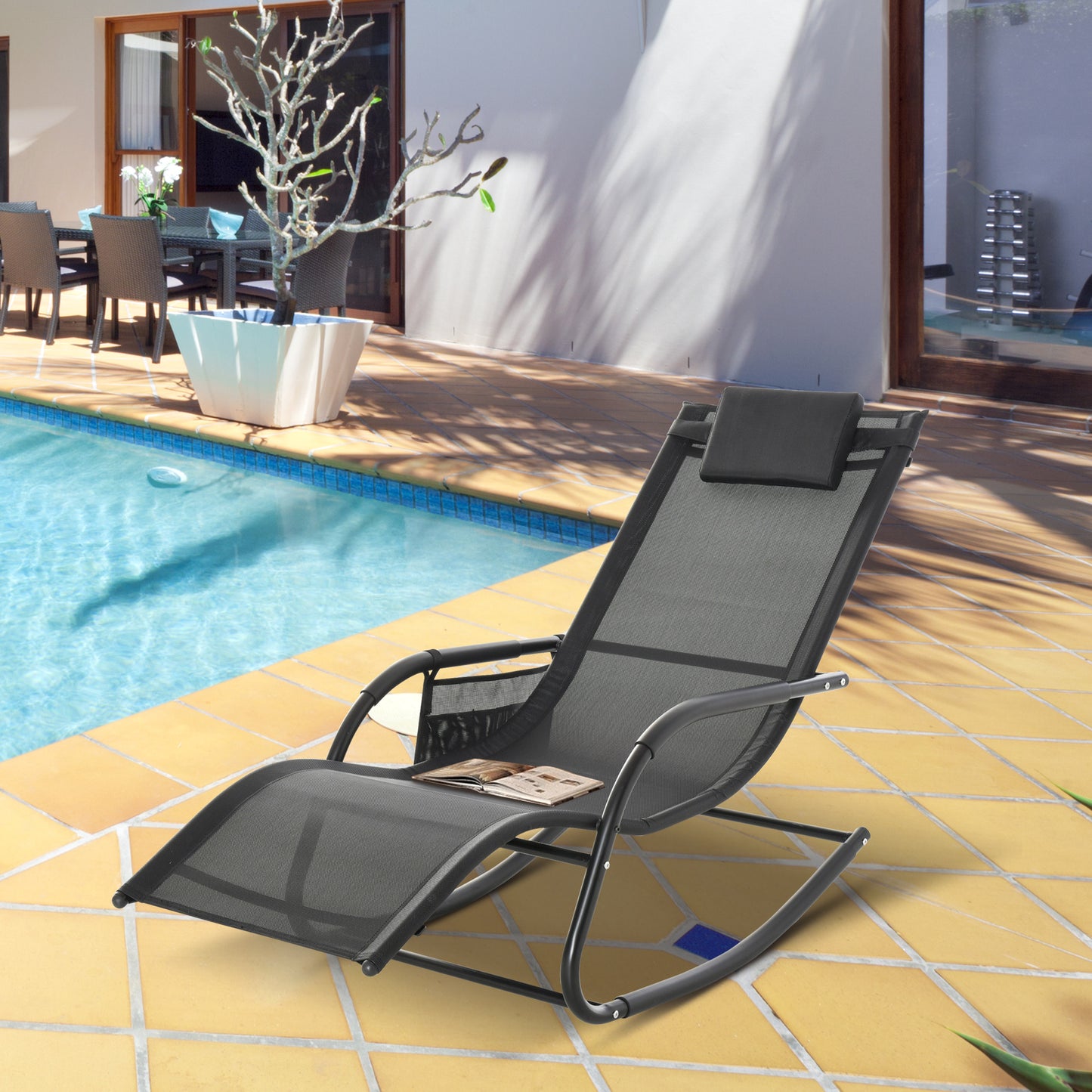 Breathable Mesh Rocking Chair Patio Rocker Lounge for Indoor & Outdoor Recliner Seat w/ Removable Headrest for Garden and Patio Black