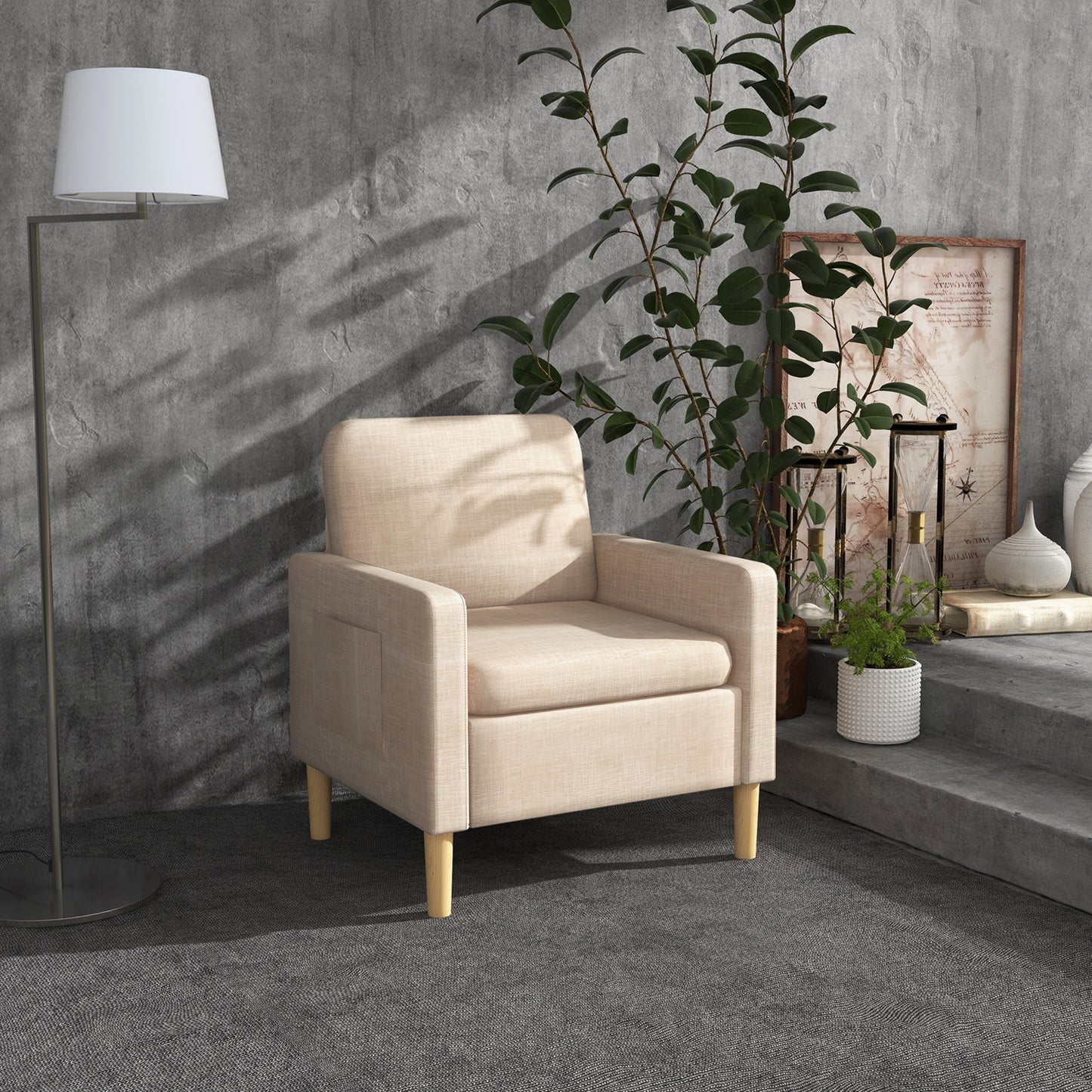 Modern Armchair, Comfy Fireside Chair, Upholstered Accent Chair for Living Room, Bedroom, Home Office, Beige