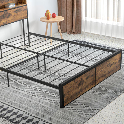 Industrial King Bed Frame, 5.2FT Steel Bed Base with Storage Headboard, Footboard, Rustic Brown
