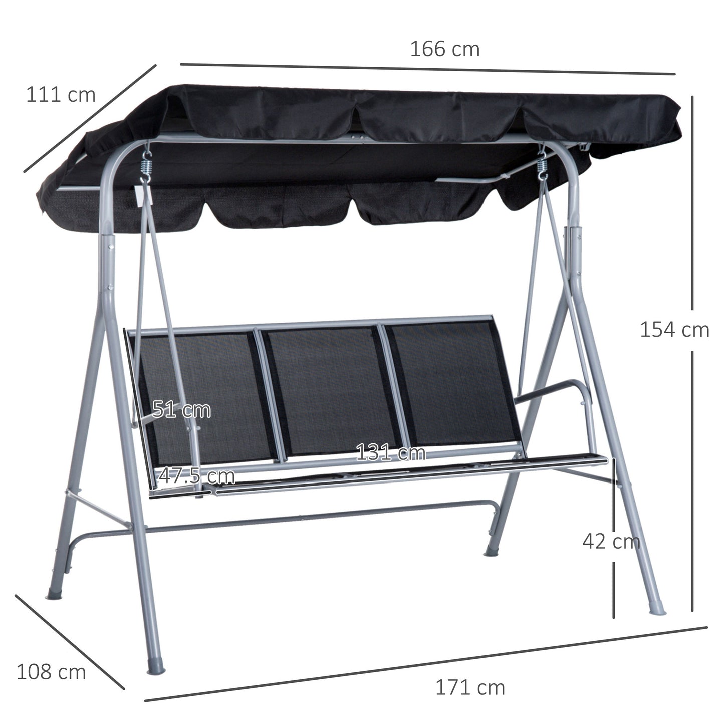 3 Seater Patio Swing Chair Garden Hammock Bench Rock Shelter Shade Metal Black