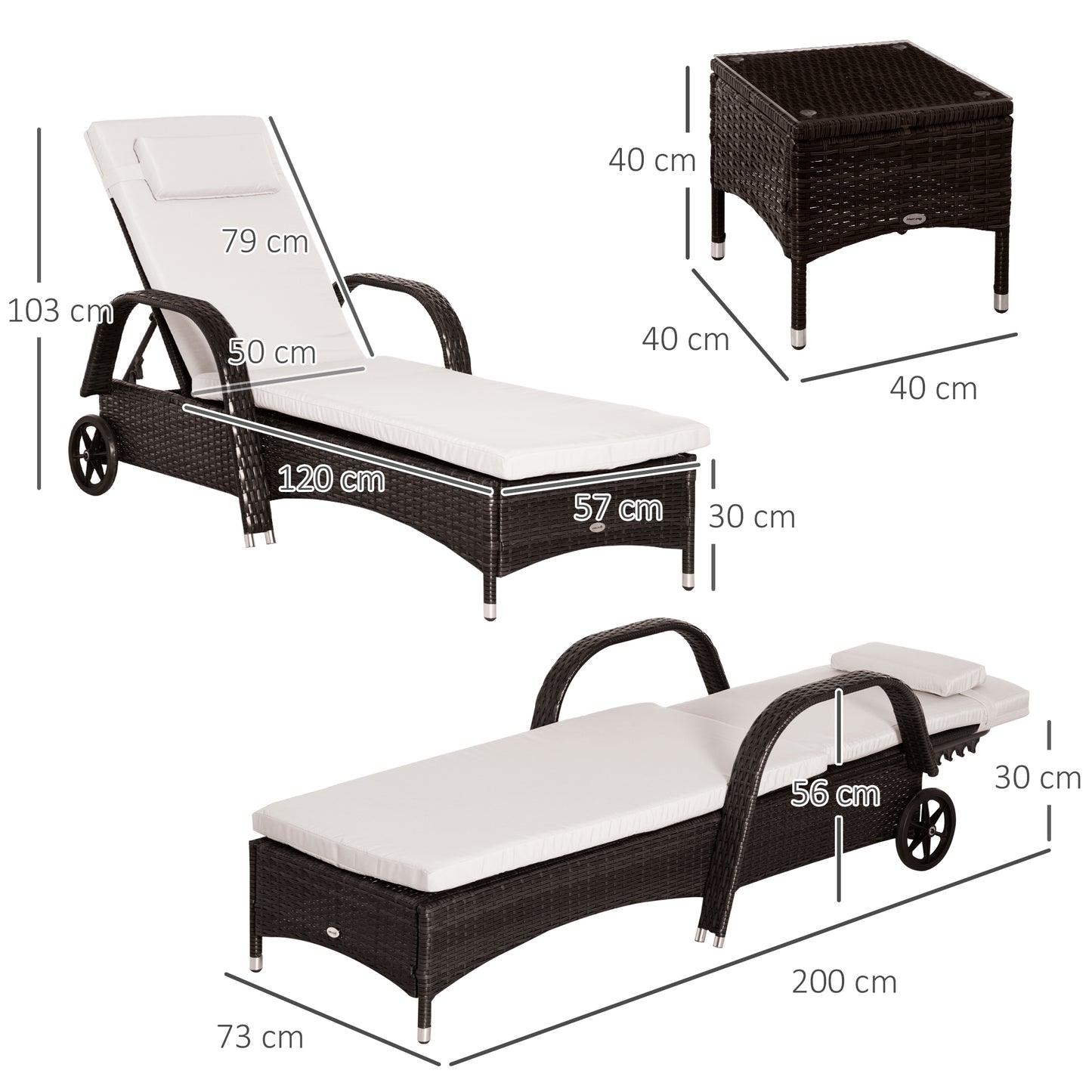 3 Pieces Patio Lounge Chair Set, Garden Wicker Wheeling Lounger Outdoor Daybed, PE Rattan Lounge Chairs w/Cushions & Side Coffee Table Brown
