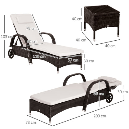 3 Pieces Patio Lounge Chair Set, Garden Wicker Wheeling Lounger Outdoor Daybed, PE Rattan Lounge Chairs w/Cushions & Side Coffee Table Brown