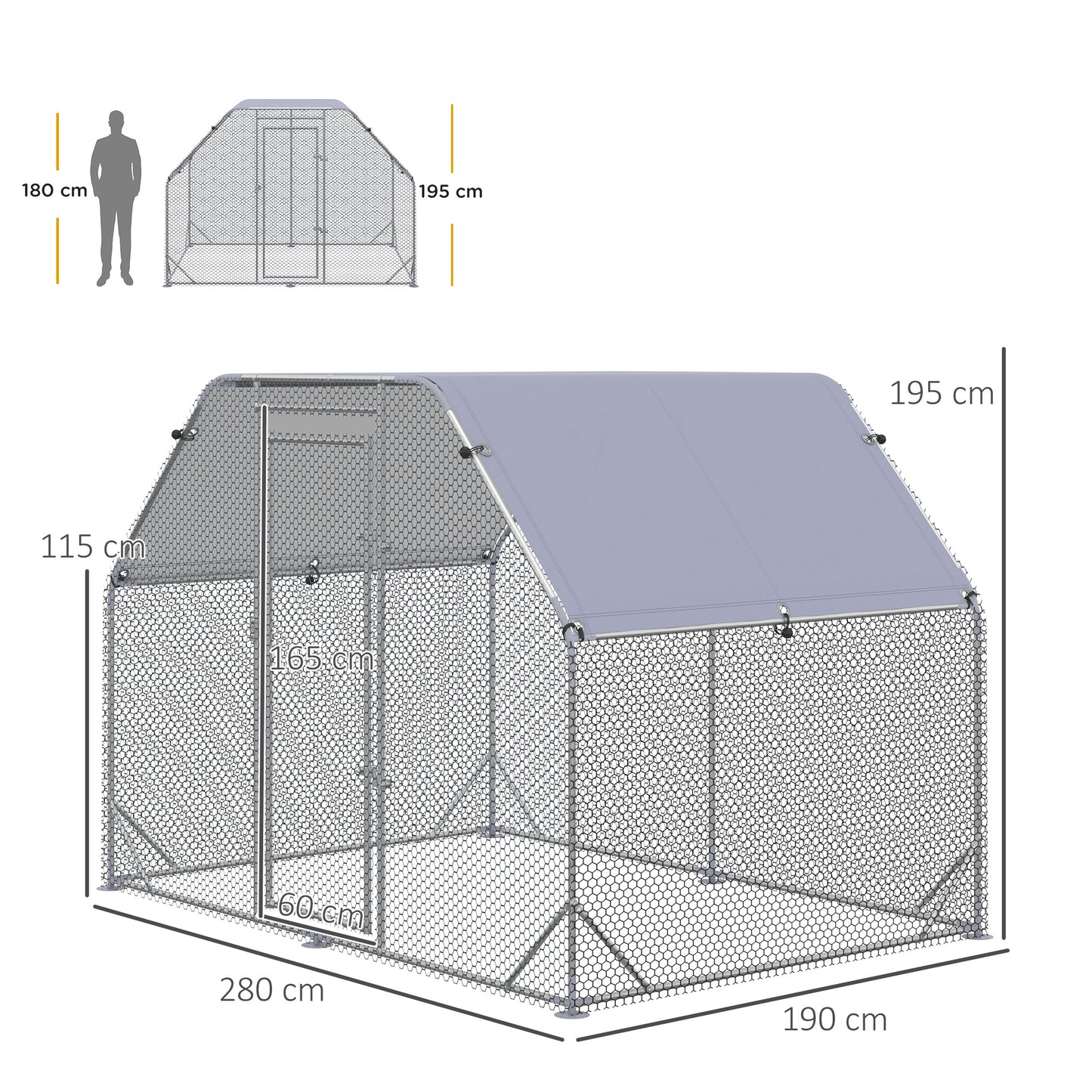 Chicken Run with Roof, Walk In Chicken Coop for 4-6 Chickens, Hen House, Duck Pen, Outdoor 280 x 190 x 195cm