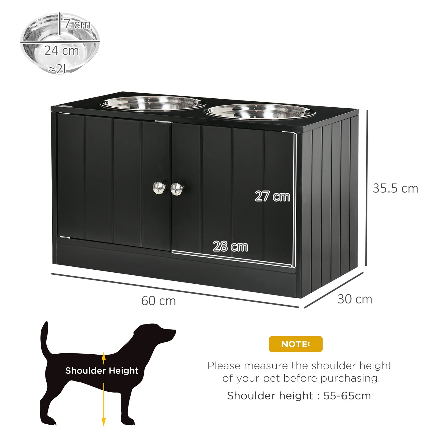 Raised Dog Bowls for Large Dogs Pet Feeding Station w/ Stand, Storage, Two Stainless Steel Bowls - Black