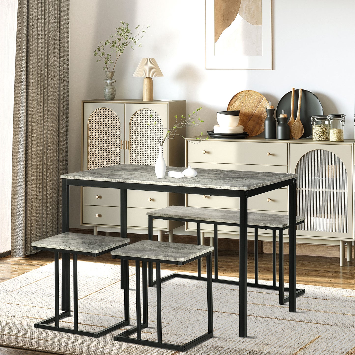 Concrete Effect Dining Table and Chairs Set for 4 People