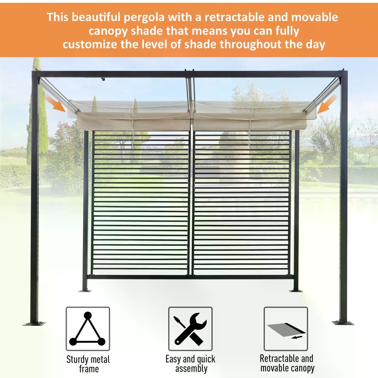 Outsunny 2.8 x 3(m) Metal Pergola Gazebo Patio Sun Shade Shelter Retractable Canopy Marquee Party BBQ Tent