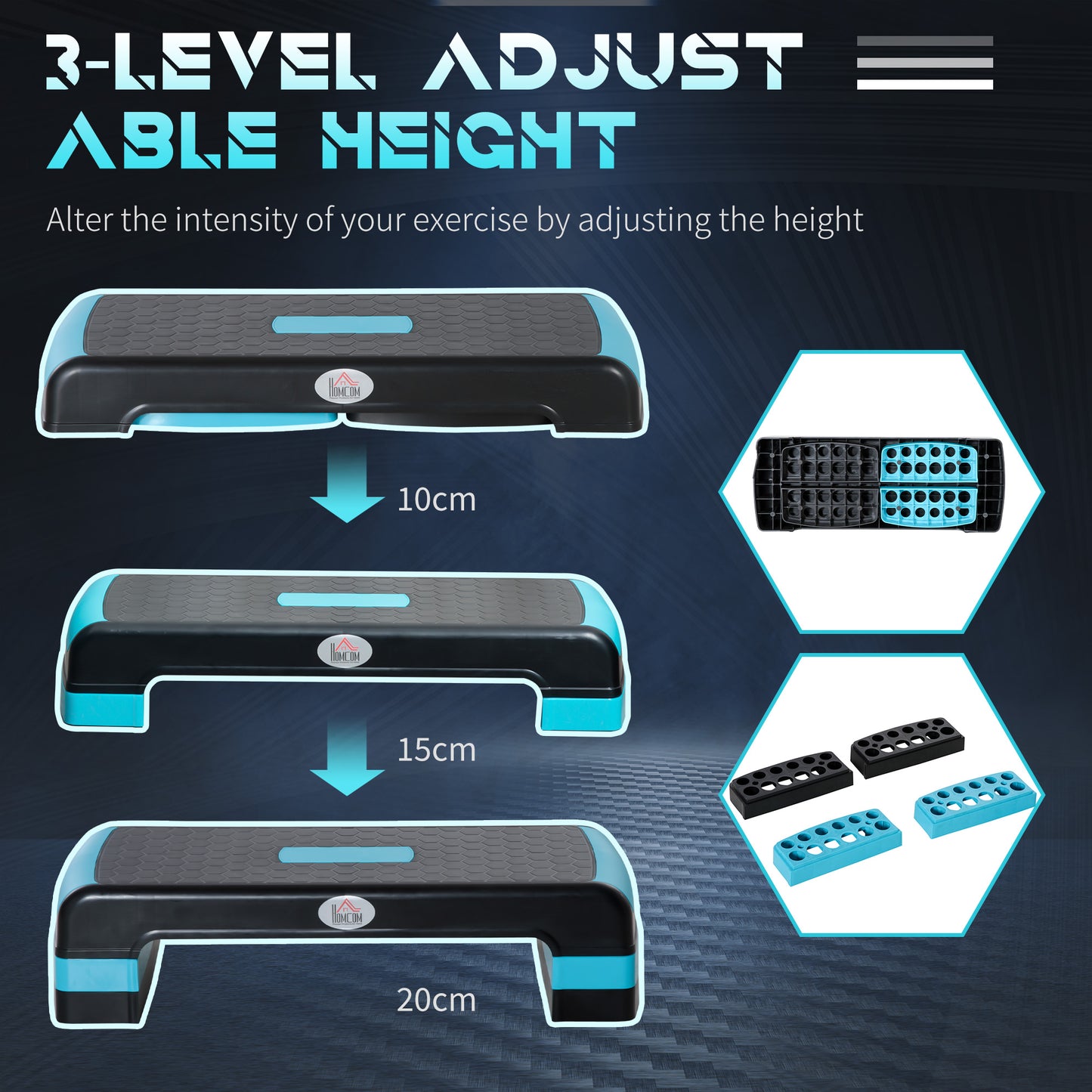 HOMCOM Aerobic Step, 10cm, 15cm & 20cm Height Adjustable Steppers for Exercise Workout, Nonslip Step Board Great for Home & Office
